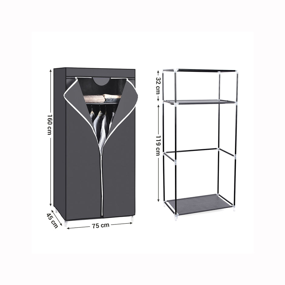 Portable Closet – Canvas – Grey – Includes Hanging Rail and Storage Shelves