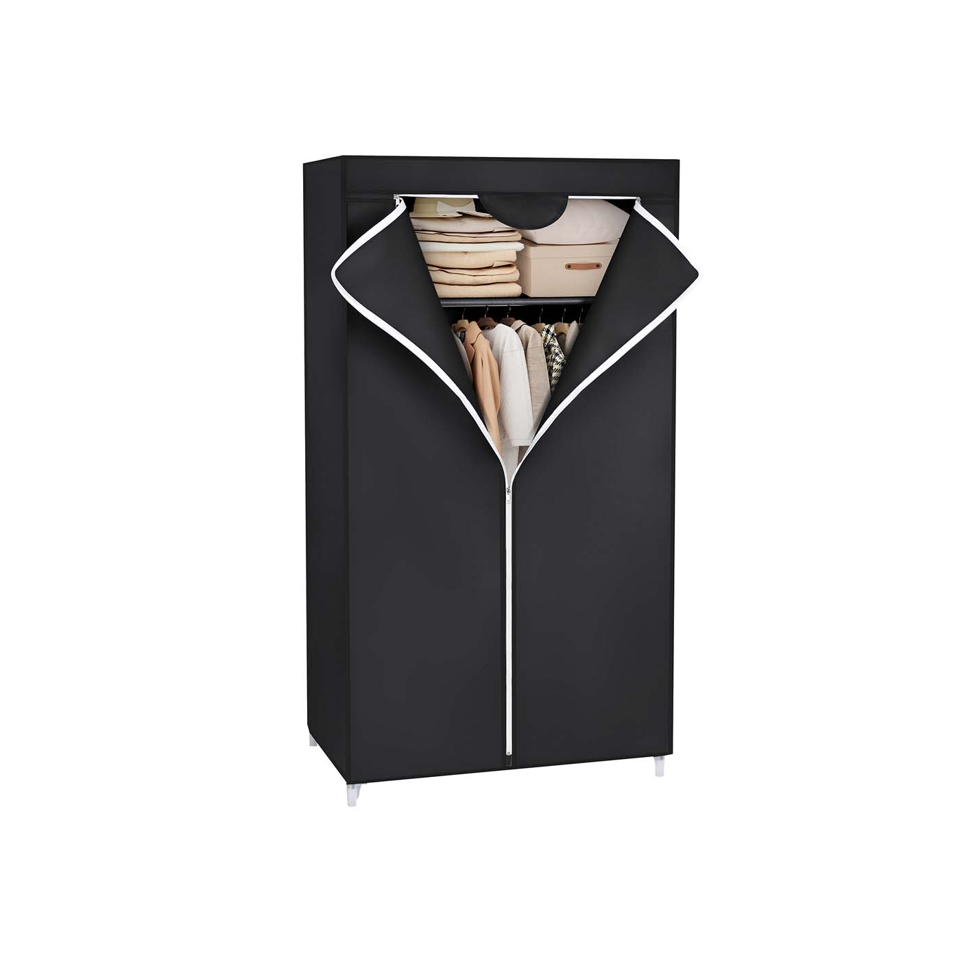 Canvas Hanging Rail Wardrobe – Fabric – Black – Includes Shelves and Storage Space