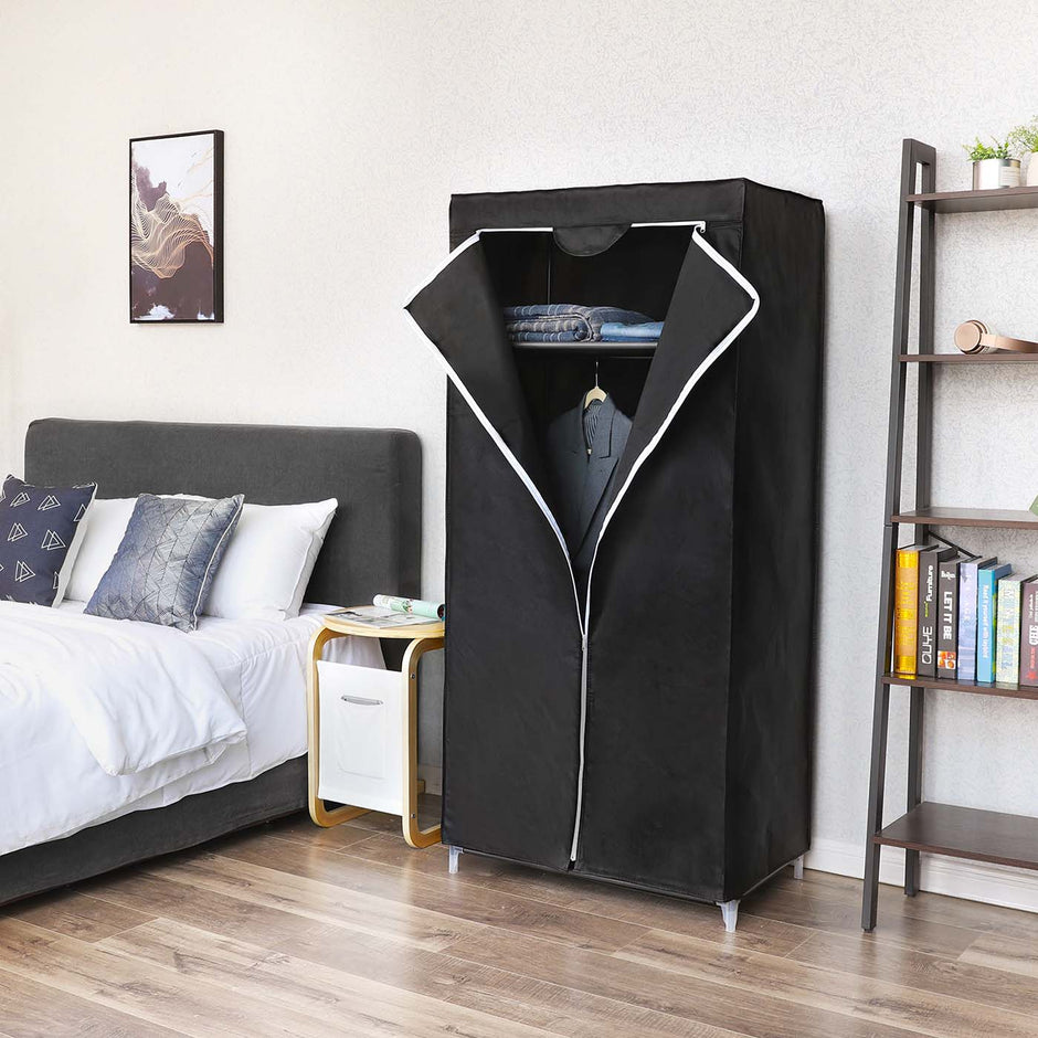 Canvas Hanging Rail Wardrobe – Fabric – Black – Includes Shelves and Storage Space