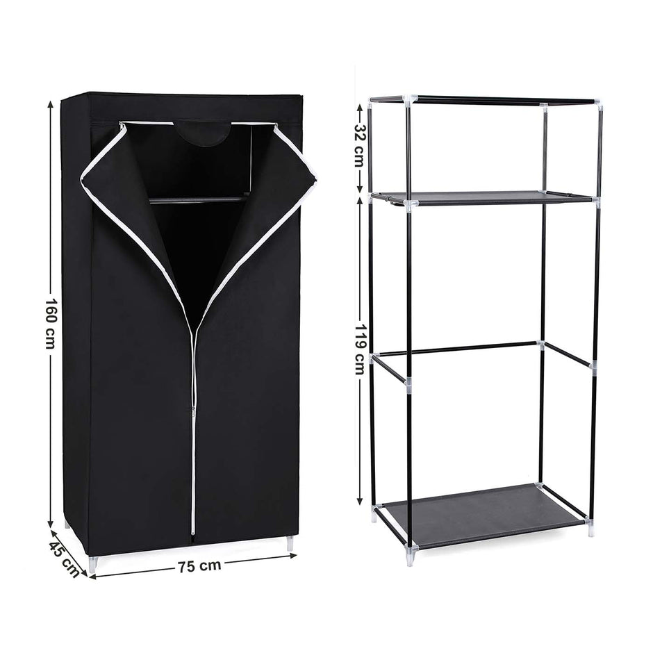Canvas Hanging Rail Wardrobe – Fabric – Black – Includes Shelves and Storage Space