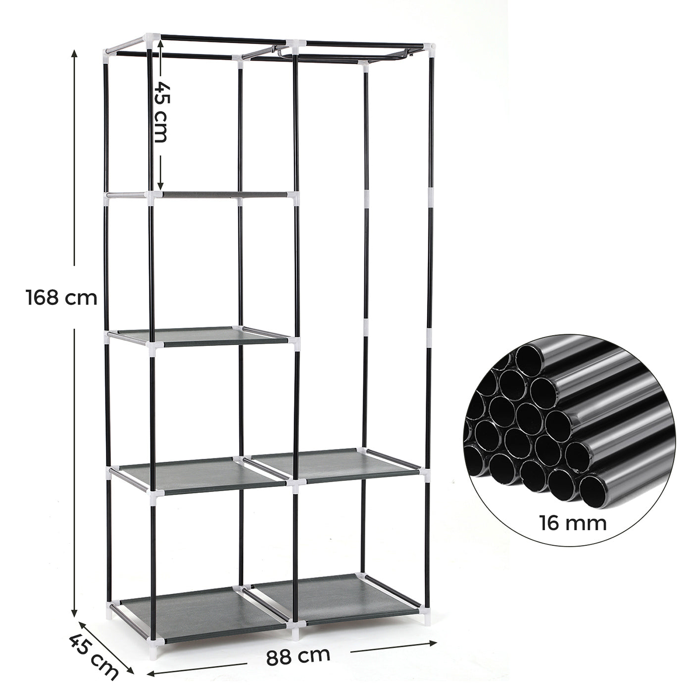 Adjustable Fabric Wardrobe – Canvas – Black – Double Hanging Rails with 7 Assembly Options