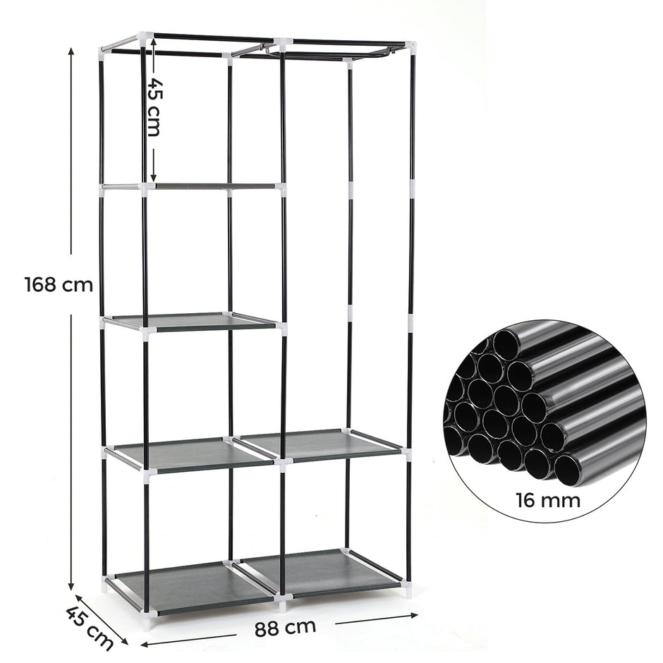 Adjustable Fabric Wardrobe – Canvas – Black – Double Hanging Rails with 7 Assembly Options