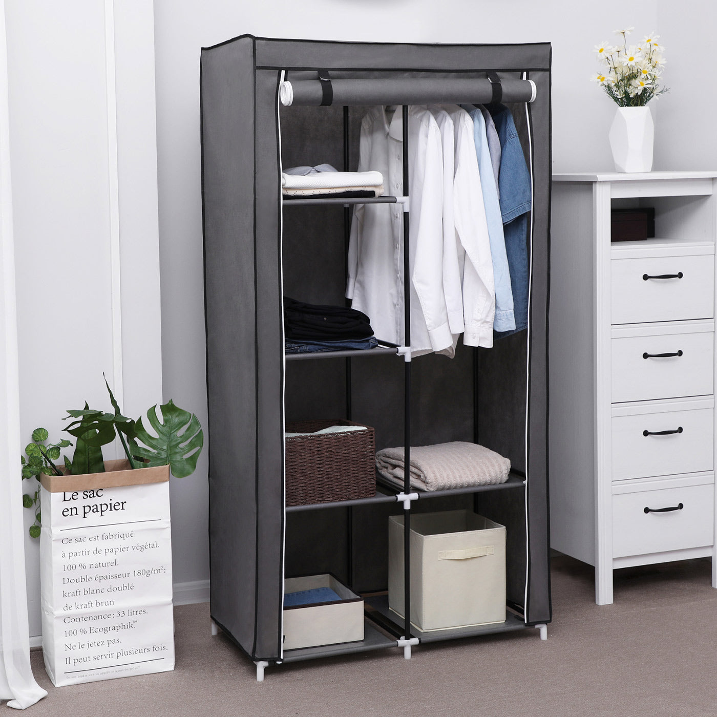 Adjustable Fabric Wardrobe – Canvas – Black – Double Hanging Rails with 7 Assembly Options