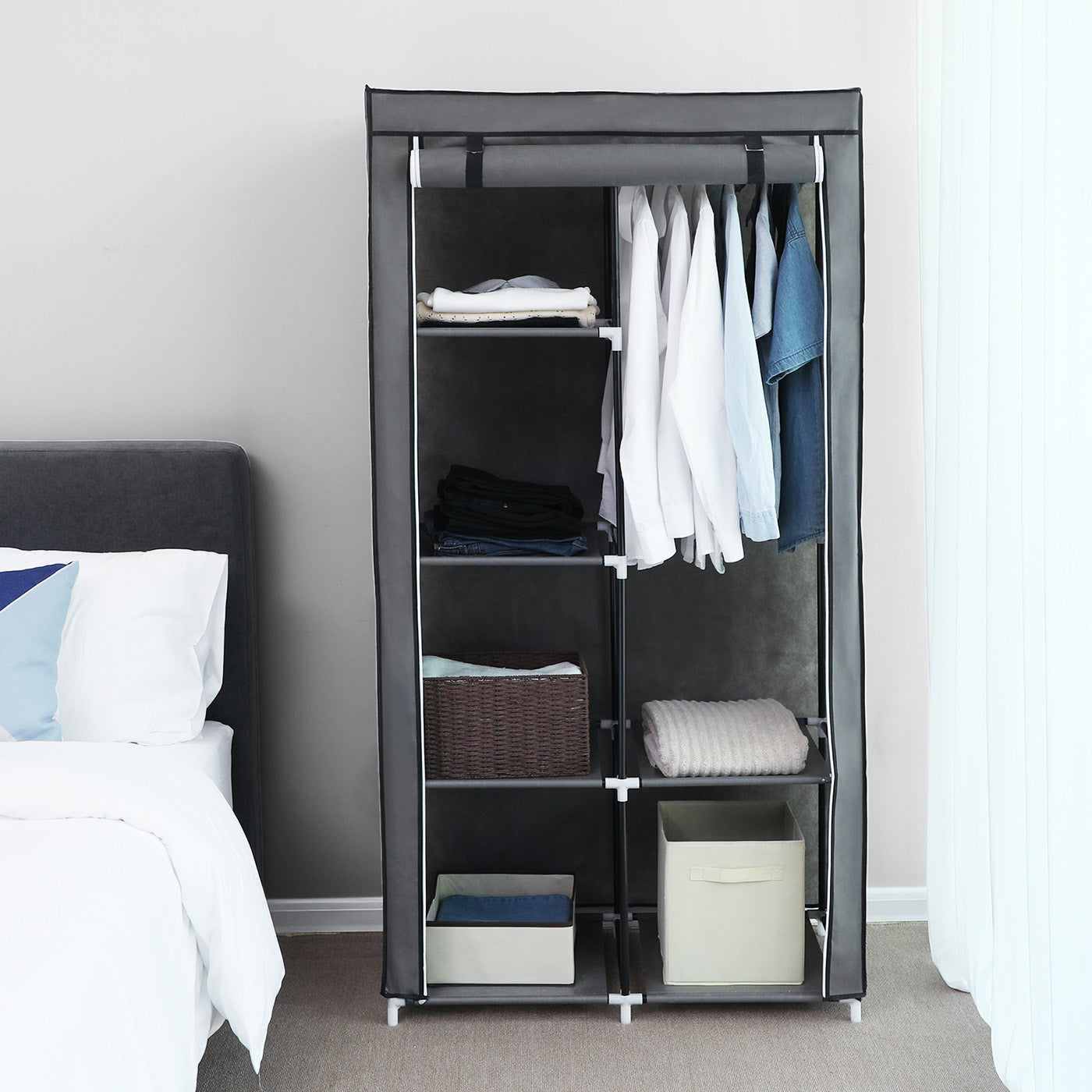 Adjustable Fabric Wardrobe – Canvas – Black – Double Hanging Rails with 7 Assembly Options