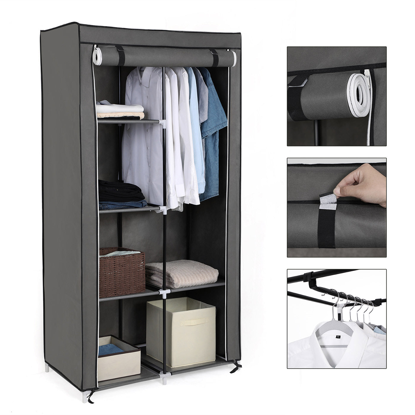 Adjustable Fabric Wardrobe – Canvas – Black – Double Hanging Rails with 7 Assembly Options