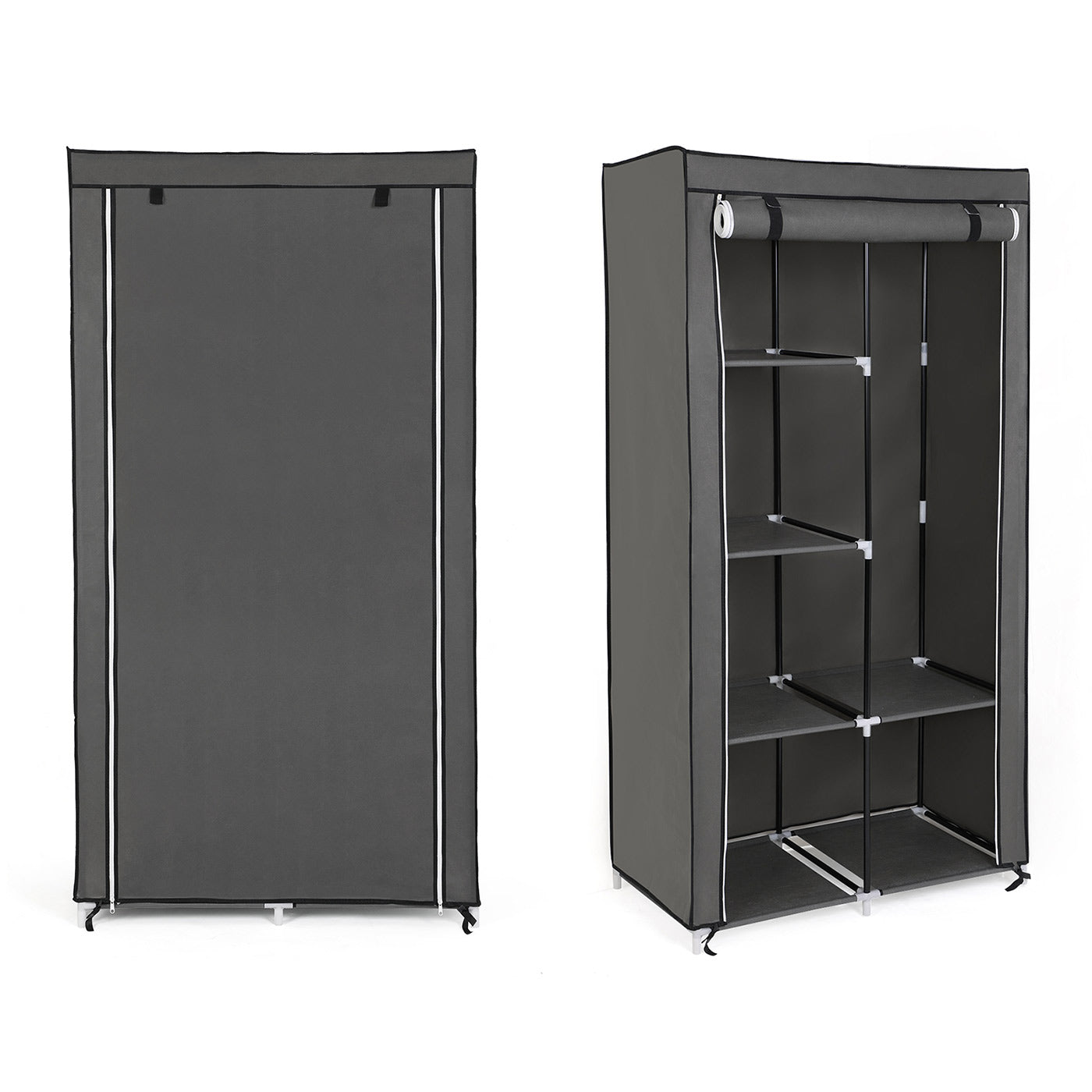 Adjustable Fabric Wardrobe – Canvas – Black – Double Hanging Rails with 7 Assembly Options