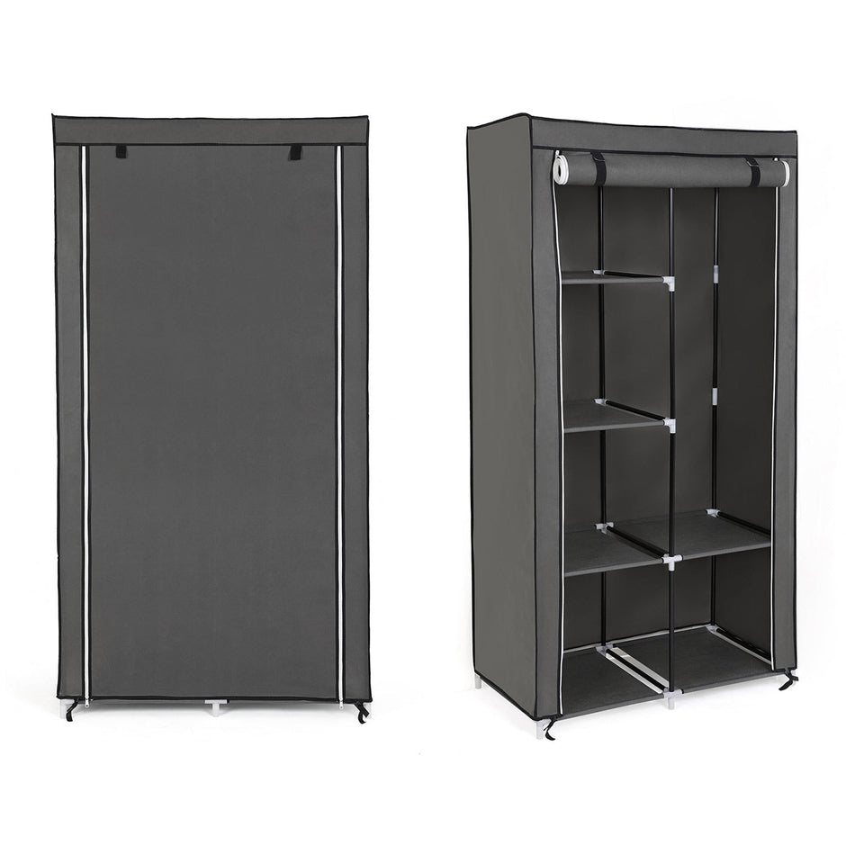 Adjustable Fabric Wardrobe – Canvas – Black – Double Hanging Rails with 7 Assembly Options