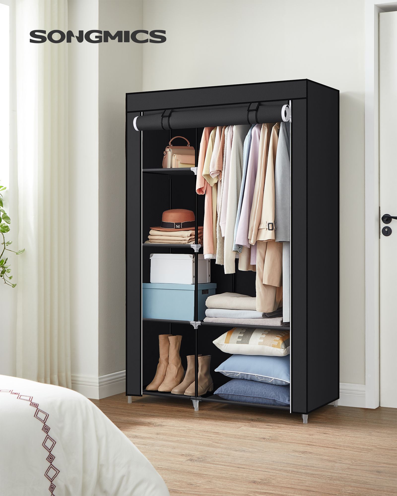 Fabric Wardrobe – Canvas – Ink Black – Double Hanging Rails and Shelves