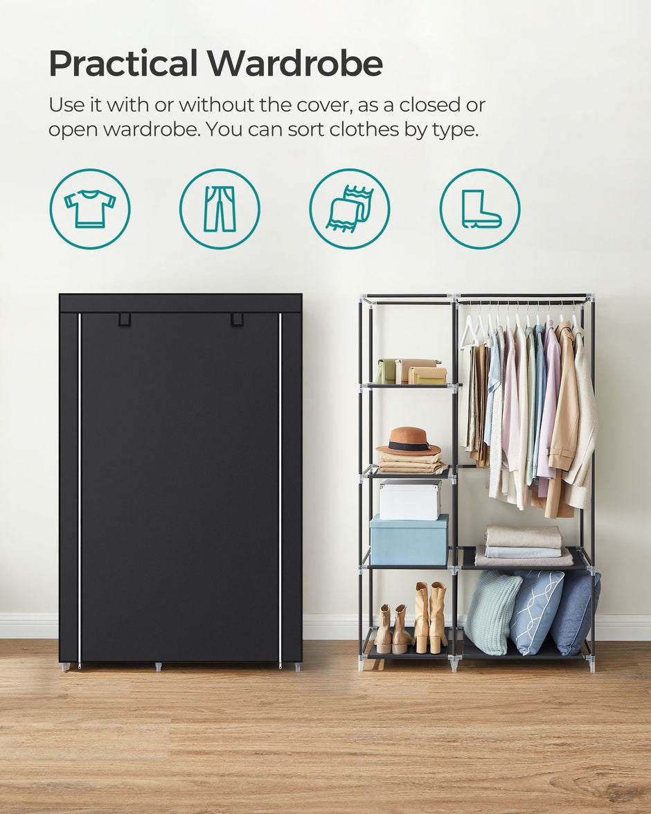 Fabric Wardrobe – Canvas – Ink Black – Double Hanging Rails and Shelves