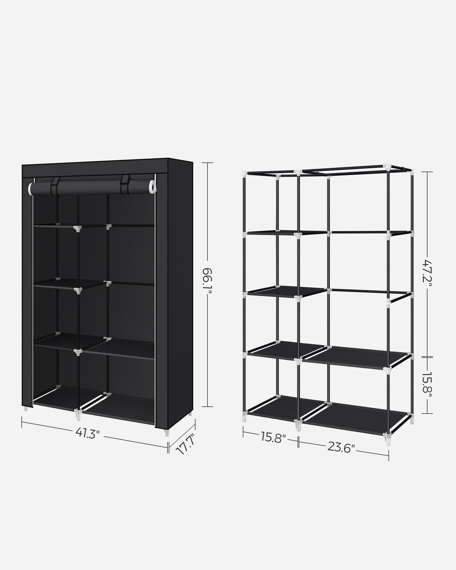 Fabric Wardrobe – Canvas – Ink Black – Double Hanging Rails and Shelves