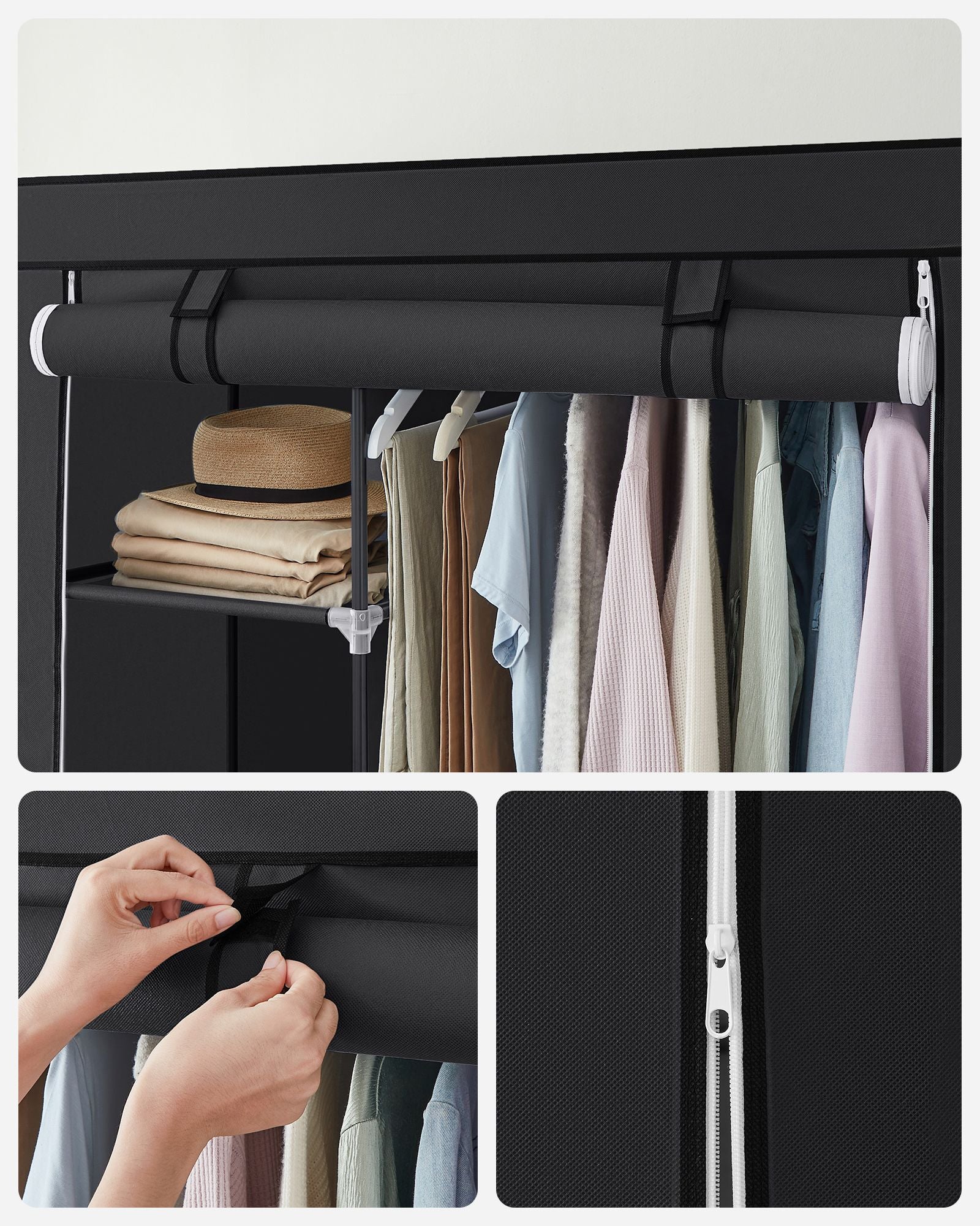 Fabric Wardrobe – Canvas – Ink Black – Double Hanging Rails and Shelves