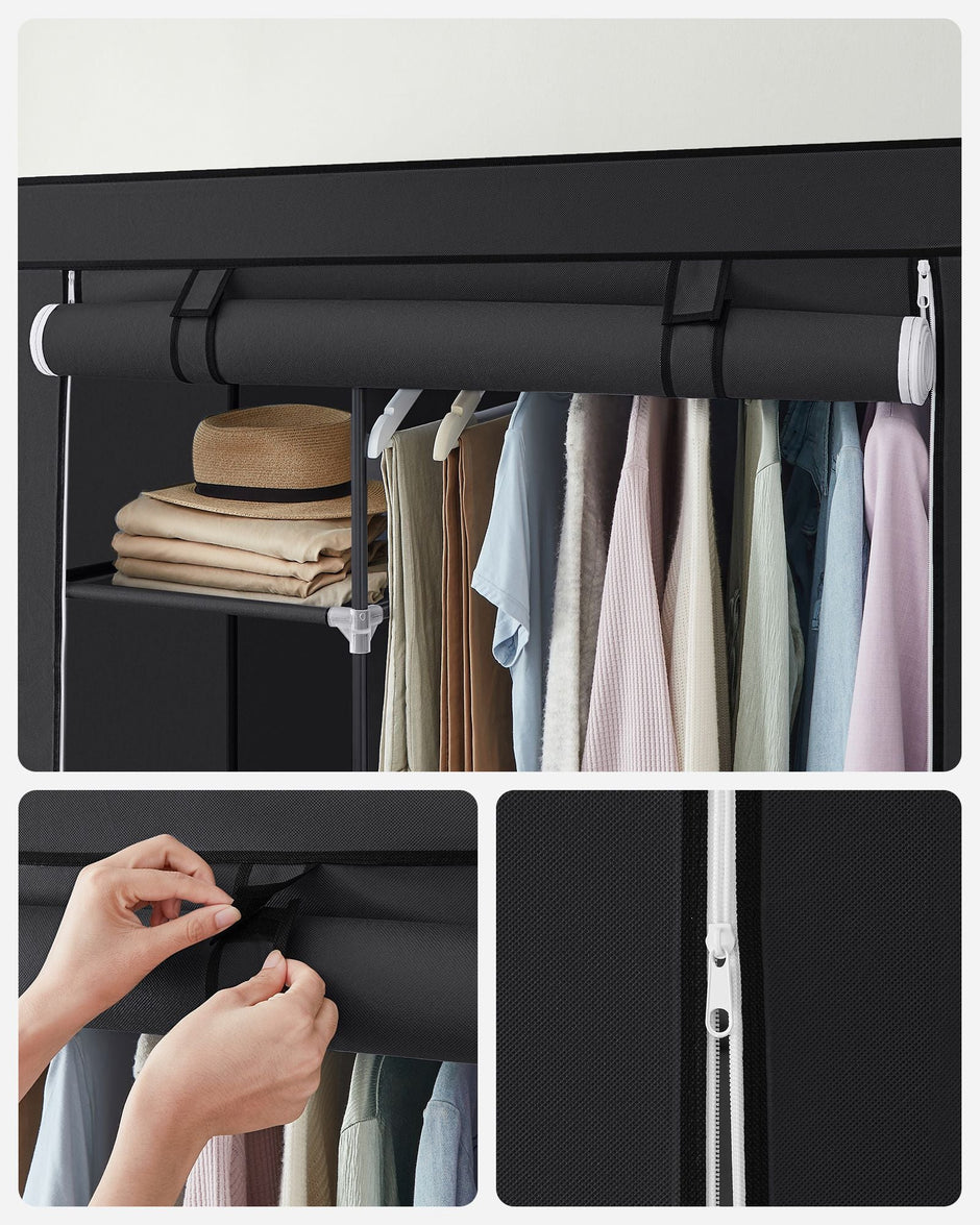 Fabric Wardrobe – Canvas – Ink Black – Double Hanging Rails and Shelves
