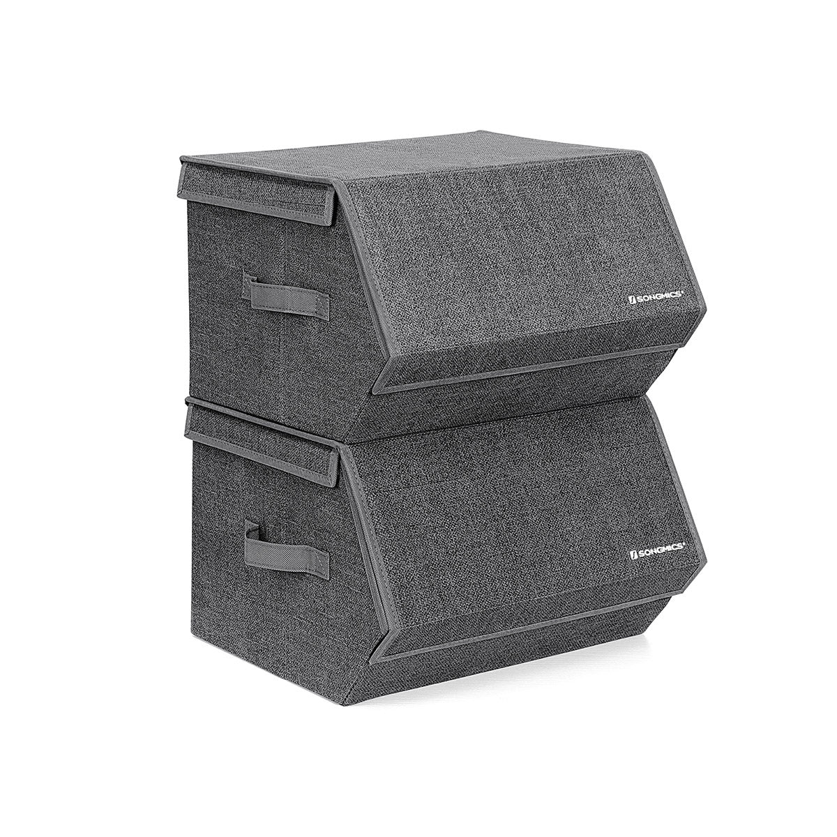 Set of 2 Fabric Storage Boxes – Metal Frame – Grey – Stackable with Magnetic Hinged Lid and Side Handles