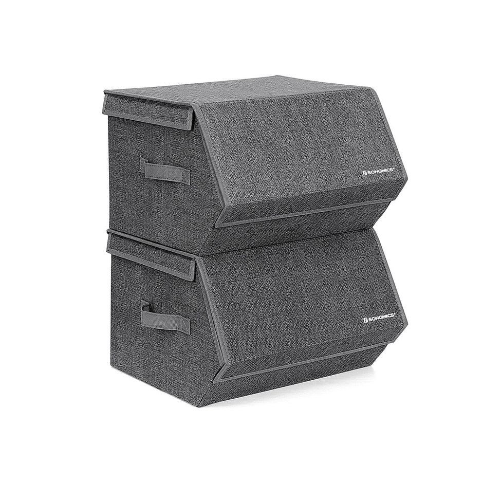 Set of 2 Fabric Storage Boxes – Metal Frame – Grey – Stackable with Magnetic Hinged Lid and Side Handles