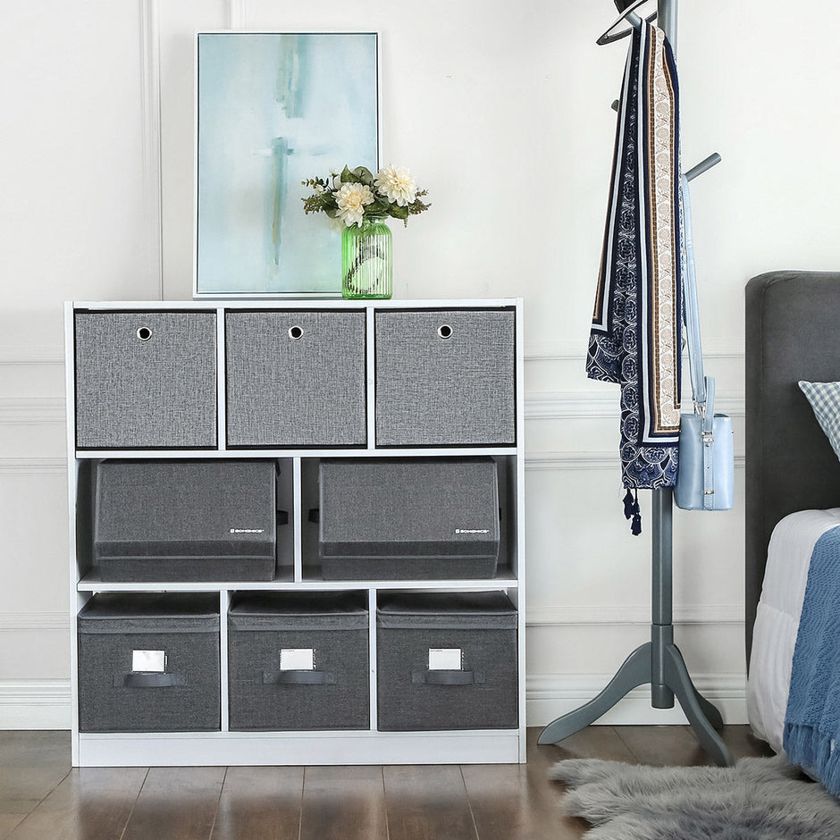 Set of 2 Fabric Storage Boxes – Metal Frame – Grey – Stackable with Magnetic Hinged Lid and Side Handles