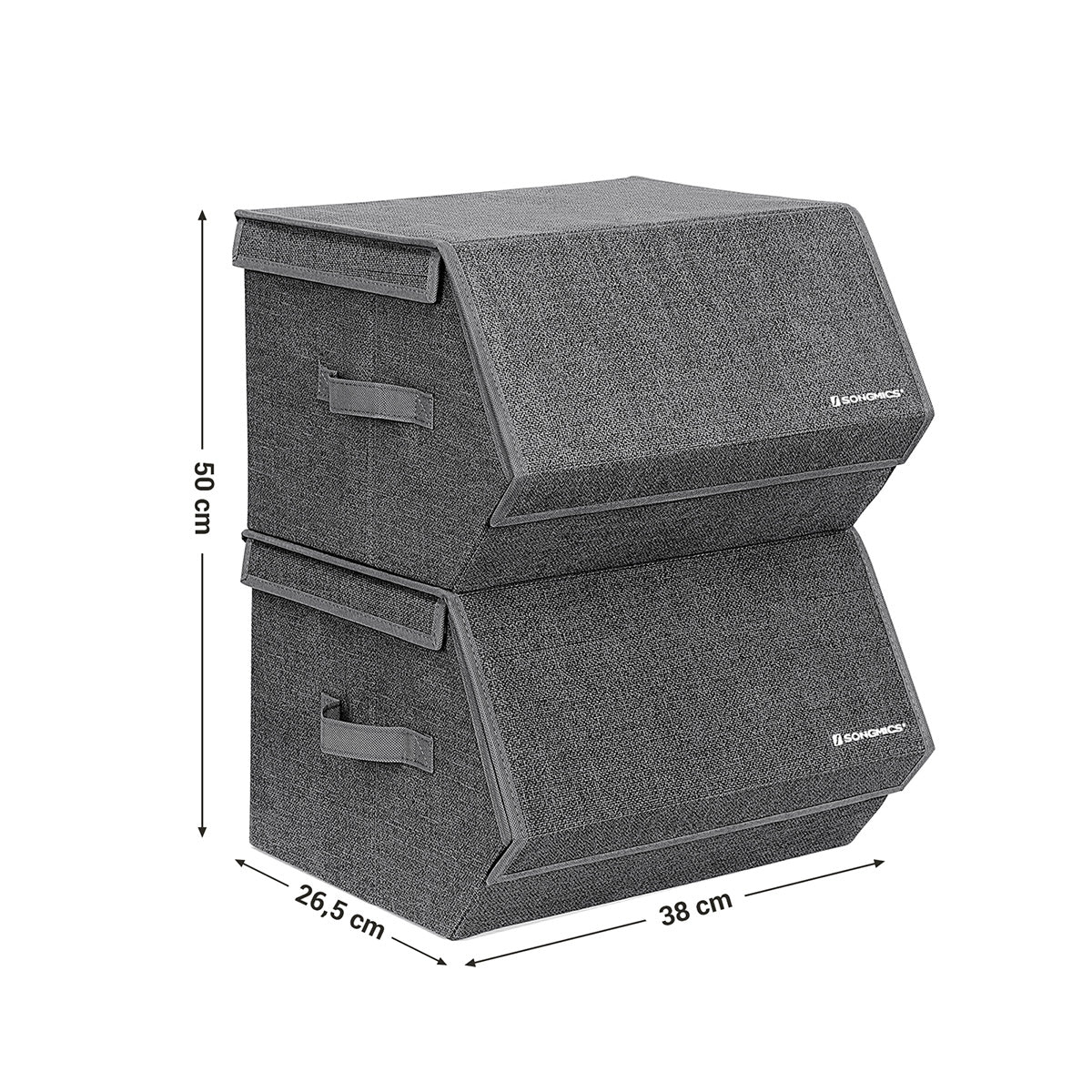 Set of 2 Fabric Storage Boxes – Metal Frame – Grey – Stackable with Magnetic Hinged Lid and Side Handles