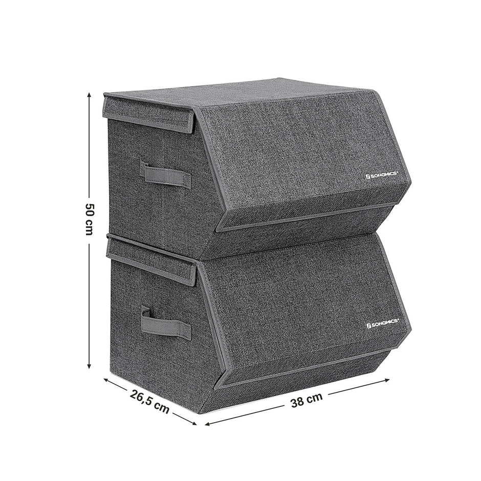 Set of 2 Fabric Storage Boxes – Metal Frame – Grey – Stackable with Magnetic Hinged Lid and Side Handles