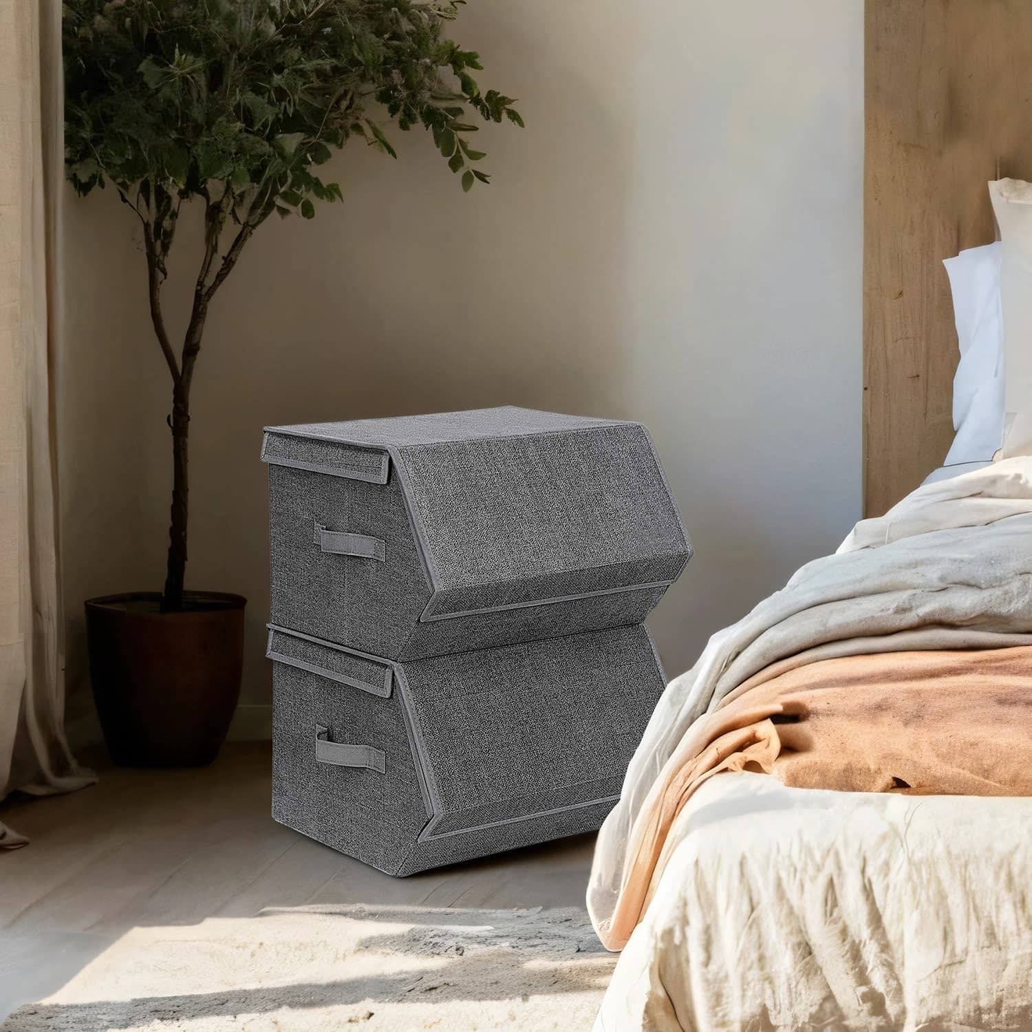 Stackable Storage Bins – Non-Woven Fabric – Grey and Beige – Magnetic Lid and Metal Frame