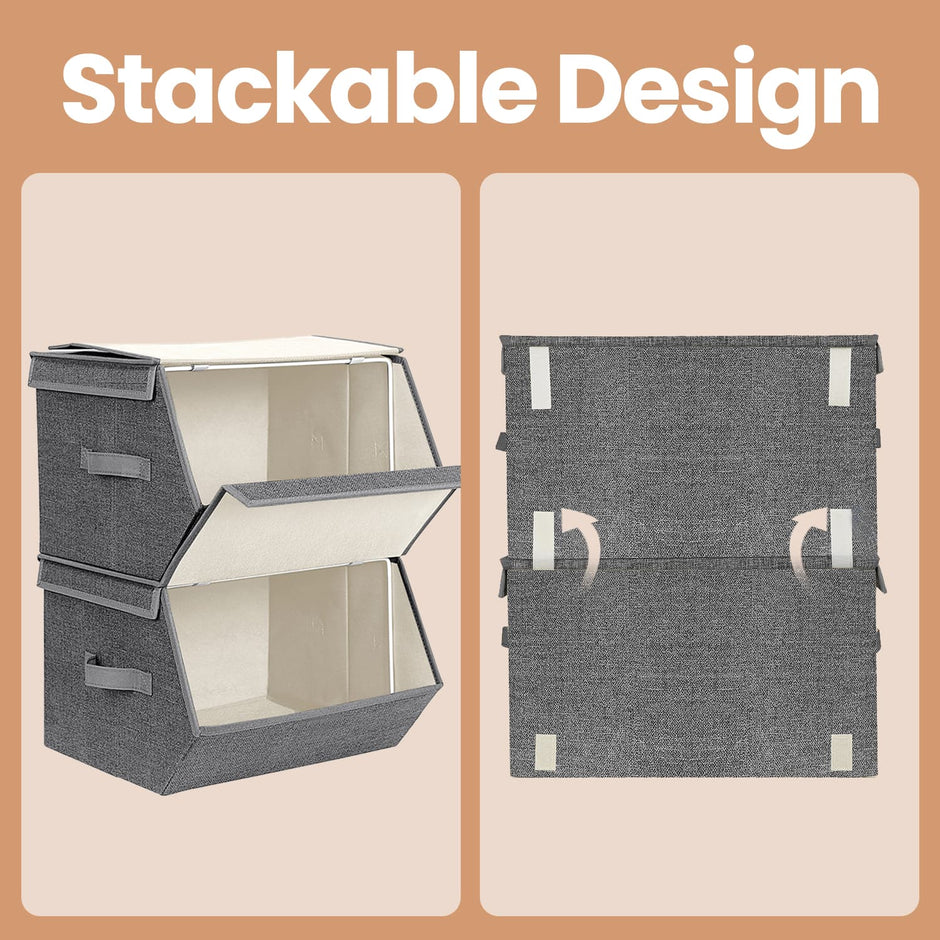 Stackable Storage Bins – Non-Woven Fabric – Grey and Beige – Magnetic Lid and Metal Frame
