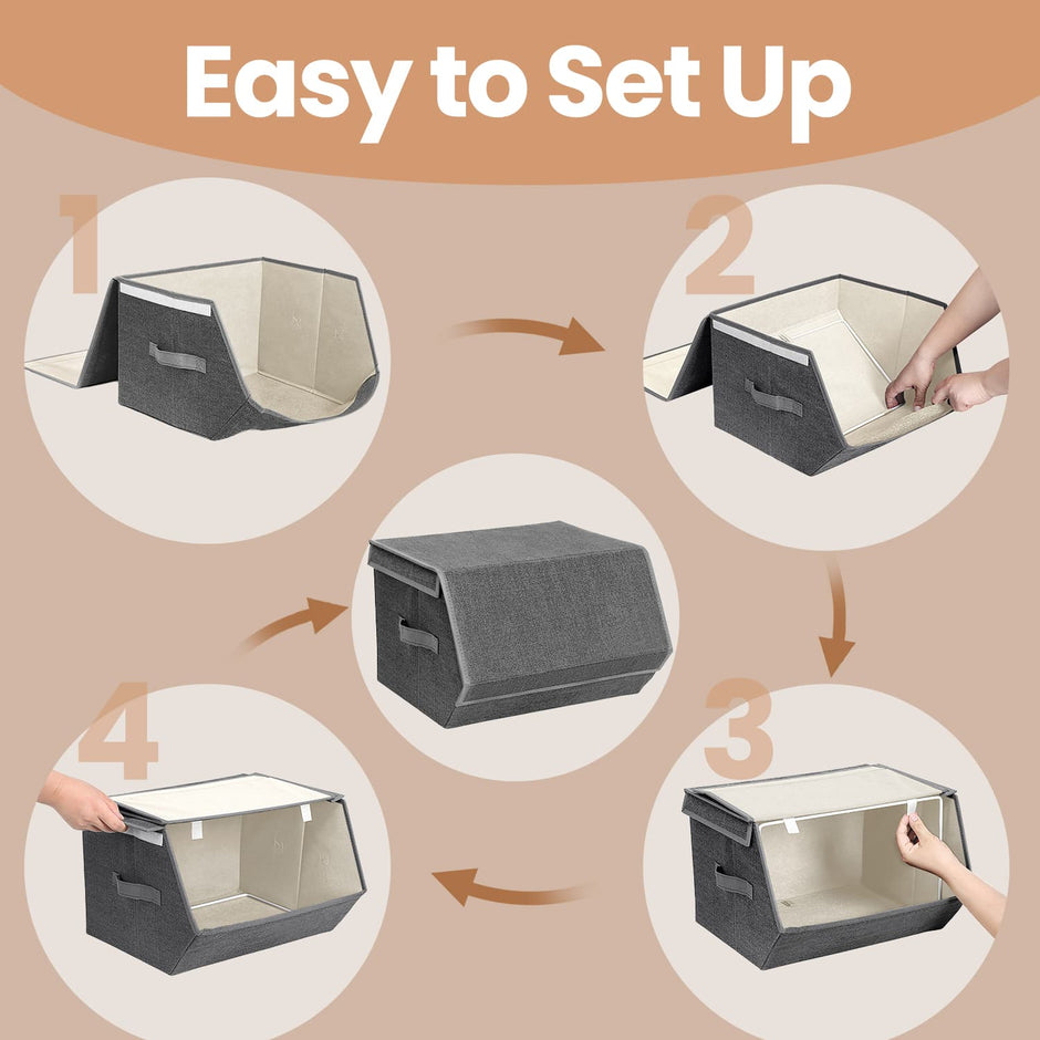 Stackable Storage Bins – Non-Woven Fabric – Grey and Beige – Magnetic Lid and Metal Frame