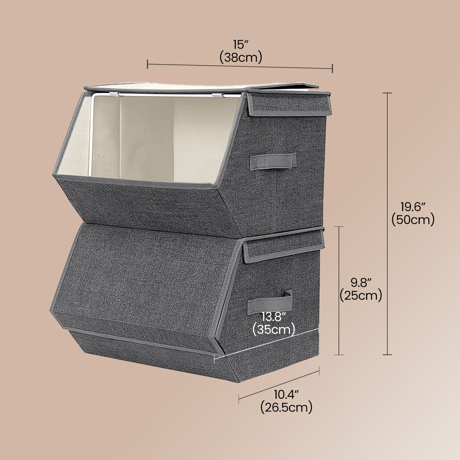 Stackable Storage Bins – Non-Woven Fabric – Grey and Beige – Magnetic Lid and Metal Frame