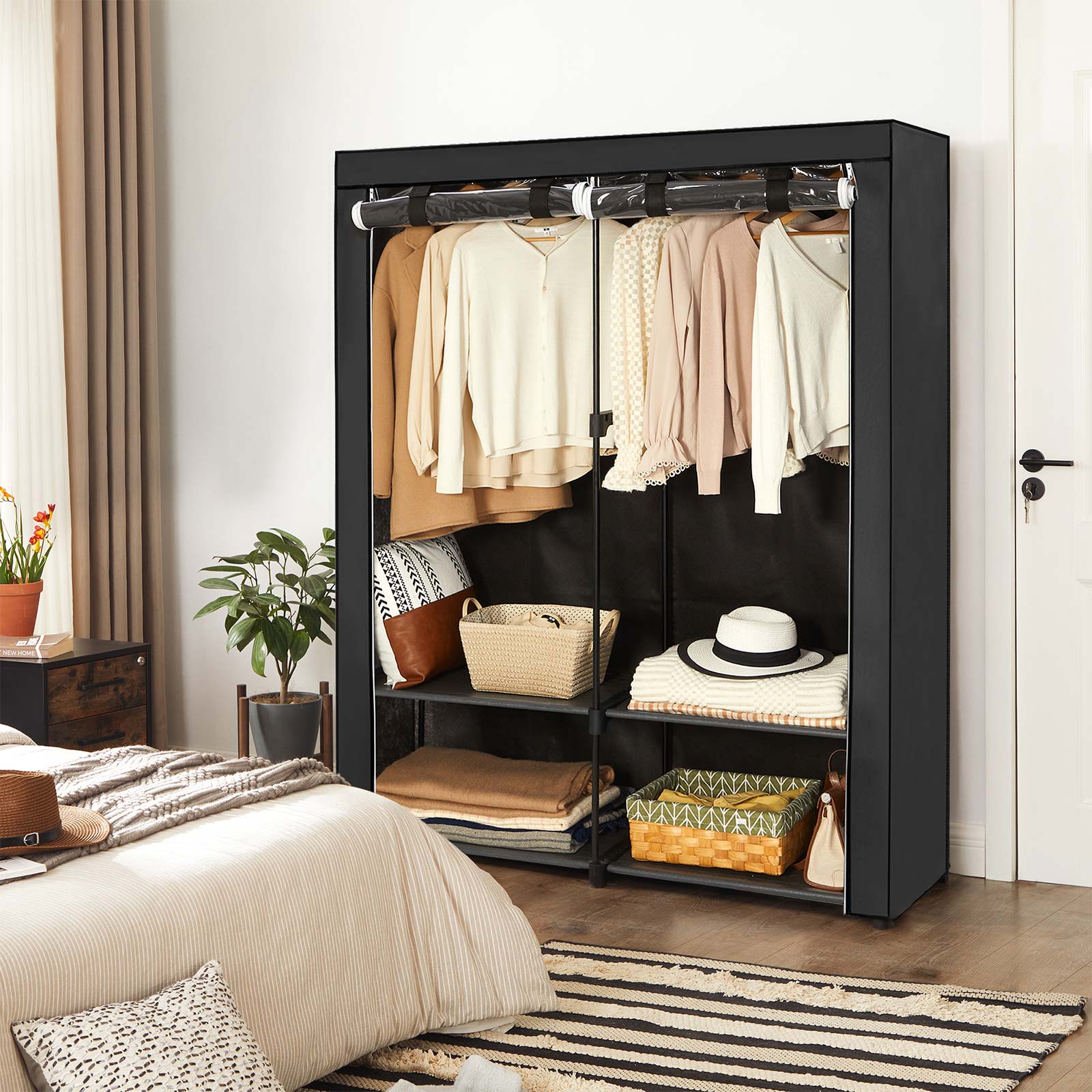 Fabric Wardrobe – Non-Woven Fabric – Black – With Viewing Windows and Shelves