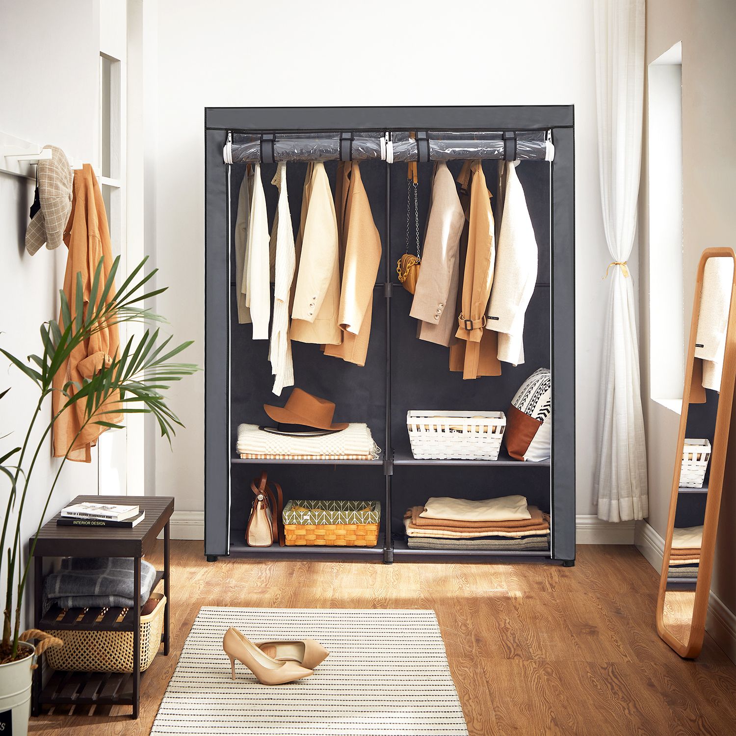 Fabric Wardrobe – Non-Woven Fabric – Black – Clothes Storage Organizer with Viewing Windows and Shelves