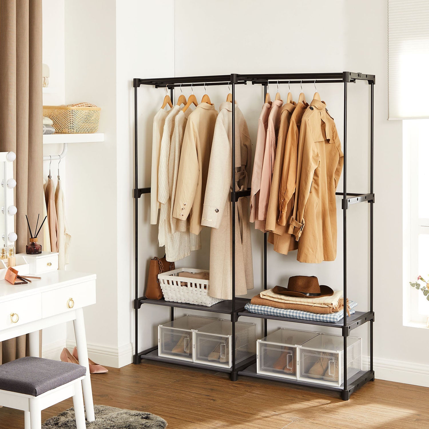 Fabric Wardrobe – Non-Woven Fabric – Black – Clothes Storage Organizer with Viewing Windows and Shelves