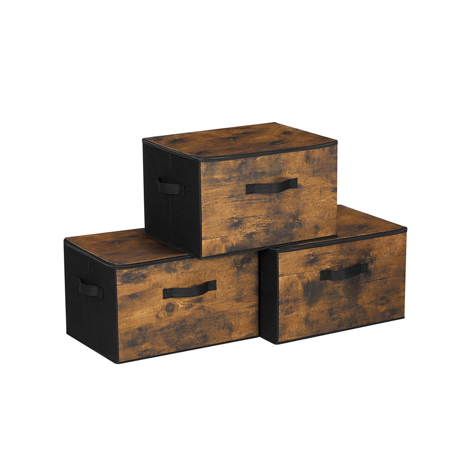 Set of 3 Foldable Storage Boxes – Non-Woven Fabric – Brown – with Lids and Handles
