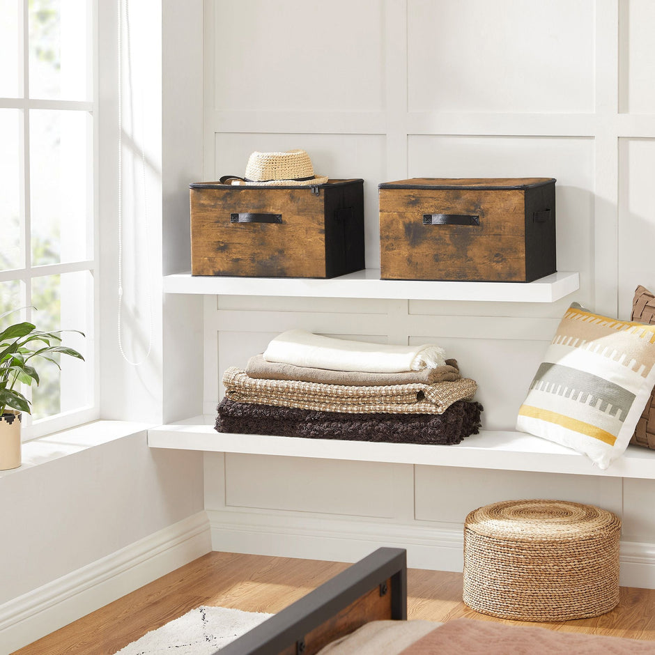 Set of 3 Foldable Storage Boxes – Non-Woven Fabric – Brown – with Lids and Handles
