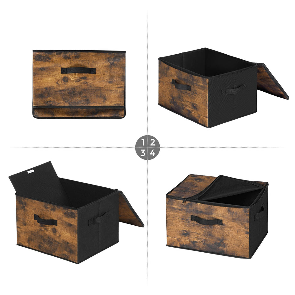 Set of 3 Foldable Storage Boxes – Non-Woven Fabric – Brown – with Lids and Handles