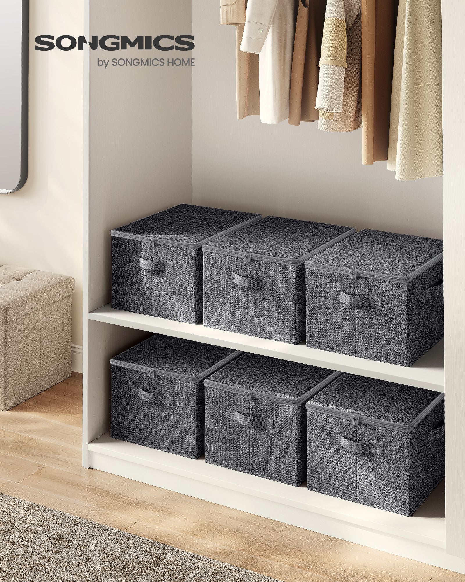 Set of 6 Foldable Storage Organizer Boxes – Non-Woven Fabric – Slate Grey – With Lids and Handles