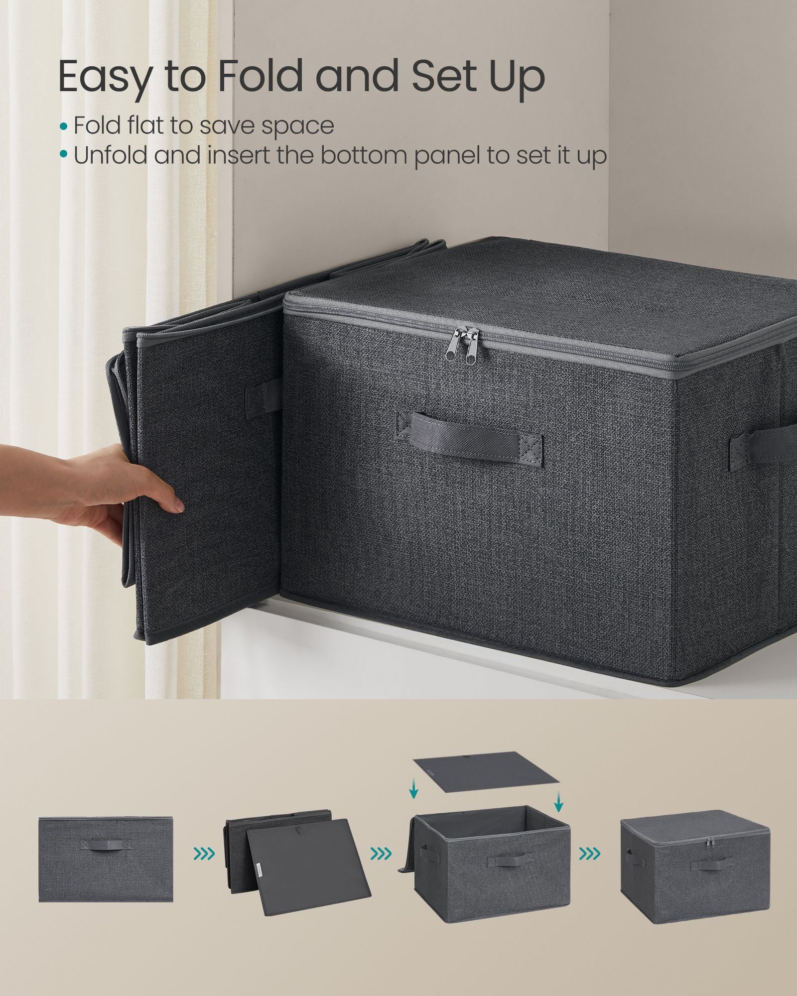 Set of 6 Foldable Storage Organizer Boxes – Non-Woven Fabric – Slate Grey – With Lids and Handles