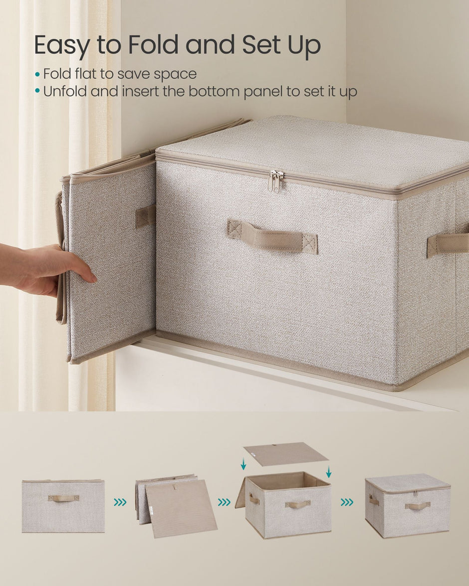 Set of 3 Foldable Storage Organiser Boxes – Non-Woven Fabric – Sand Beige – With Lids and Handles
