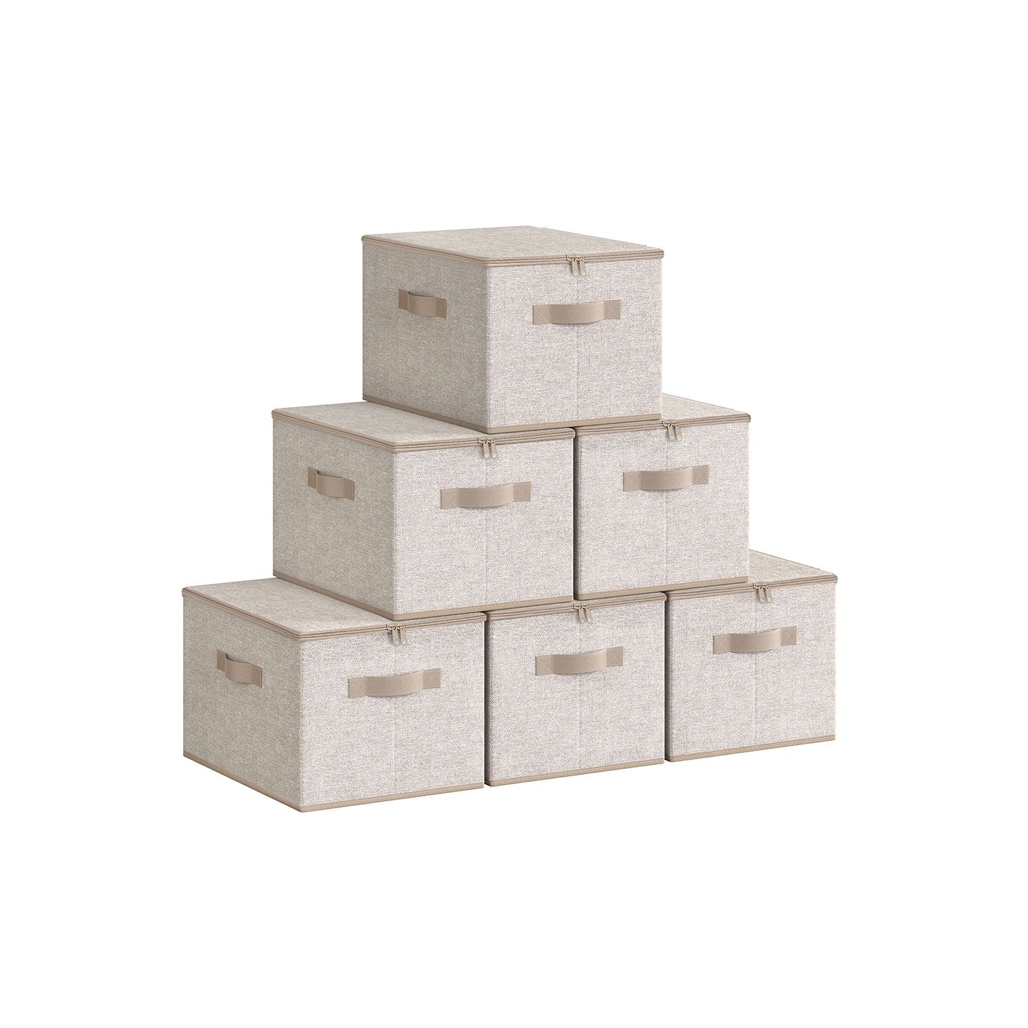 Set of 6 Foldable Storage Organiser Boxes – Non-Woven Fabric – Sand Beige – with Lids and Handles