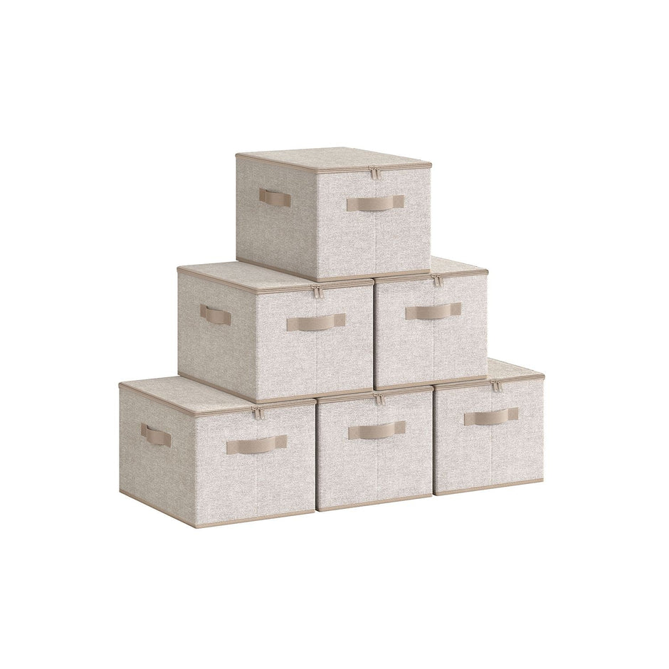 Set of 6 Foldable Storage Organiser Boxes – Non-Woven Fabric – Sand Beige – with Lids and Handles