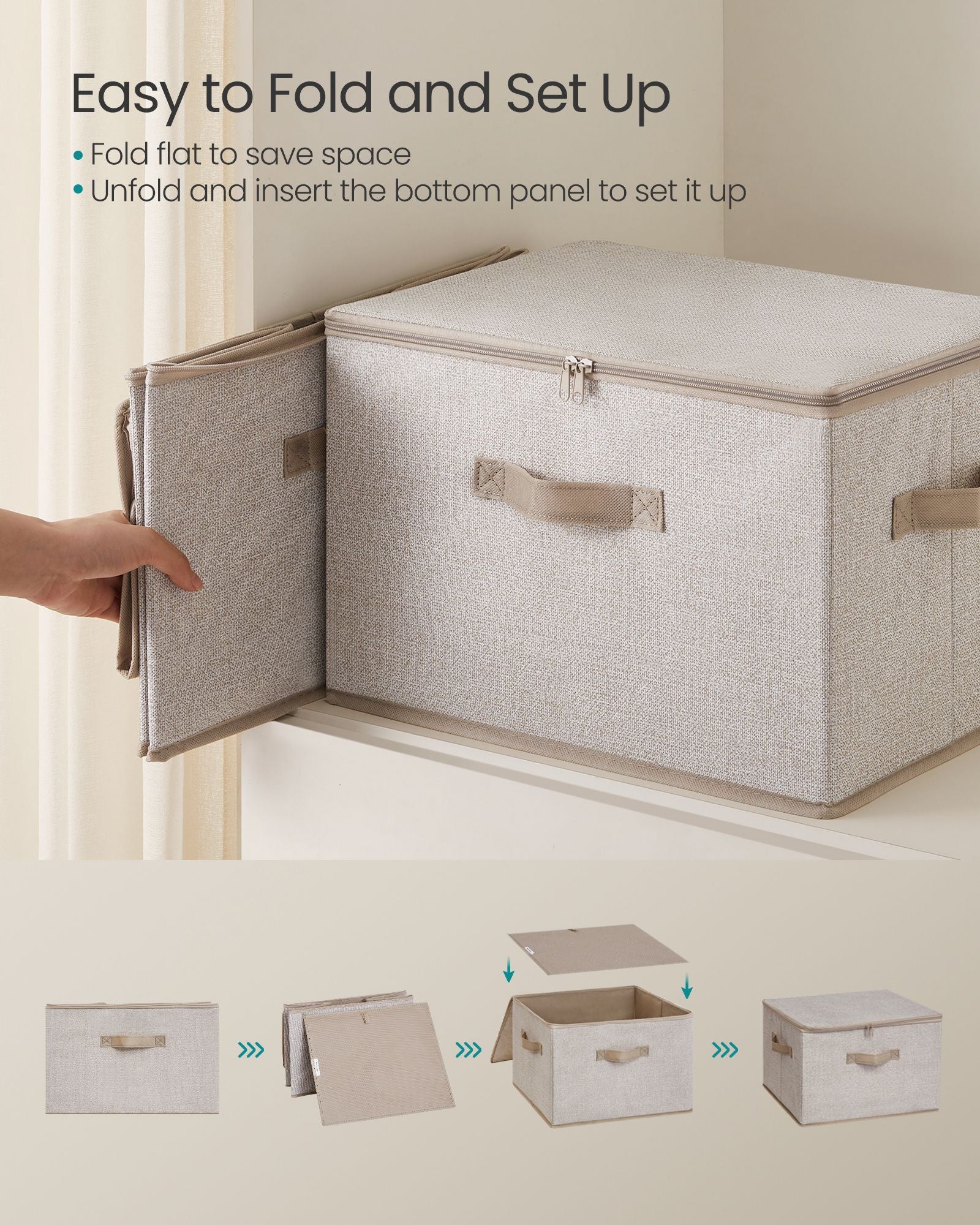 Set of 6 Foldable Storage Organiser Boxes – Non-Woven Fabric – Sand Beige – with Lids and Handles