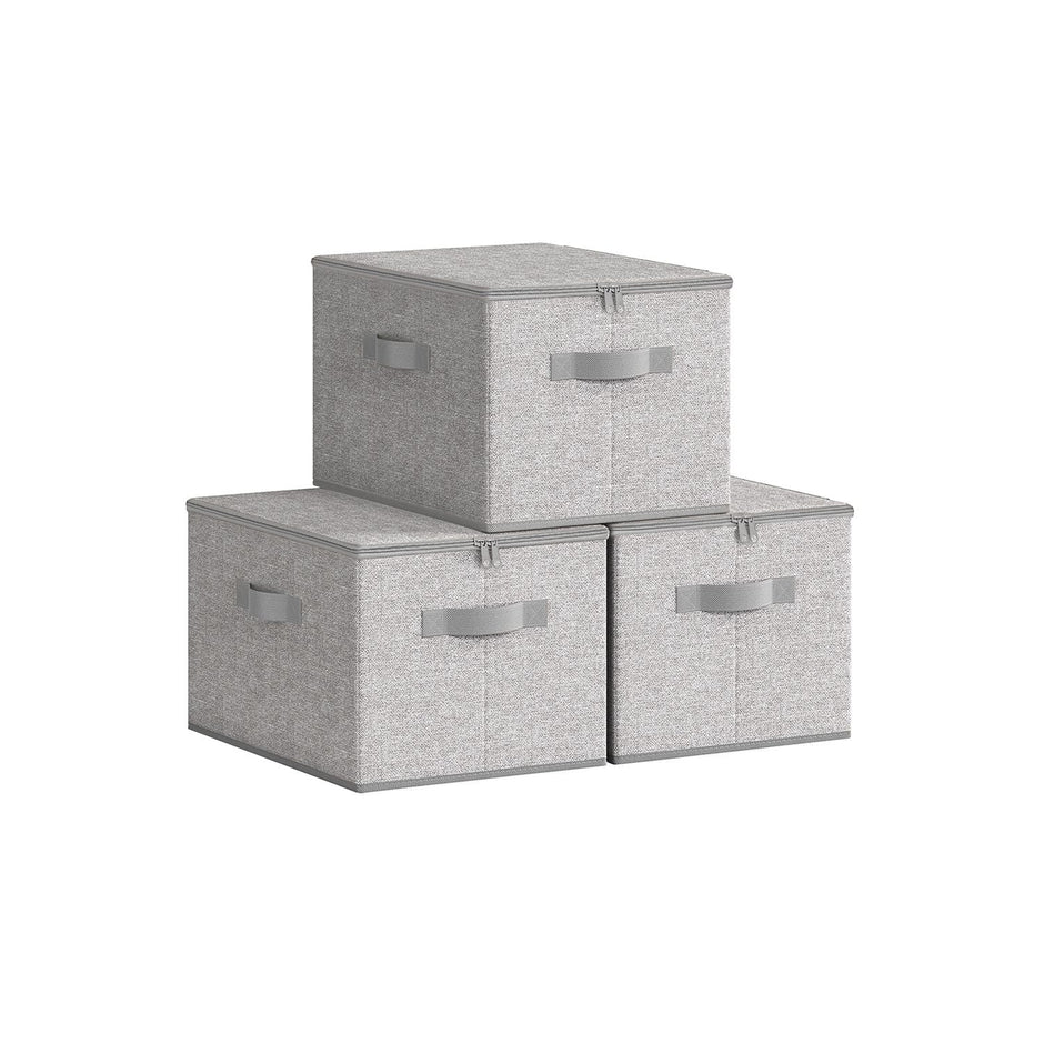 Set of 3 Foldable Storage Bins – Non-Woven Fabric – Slate Grey – With Lids and Handles