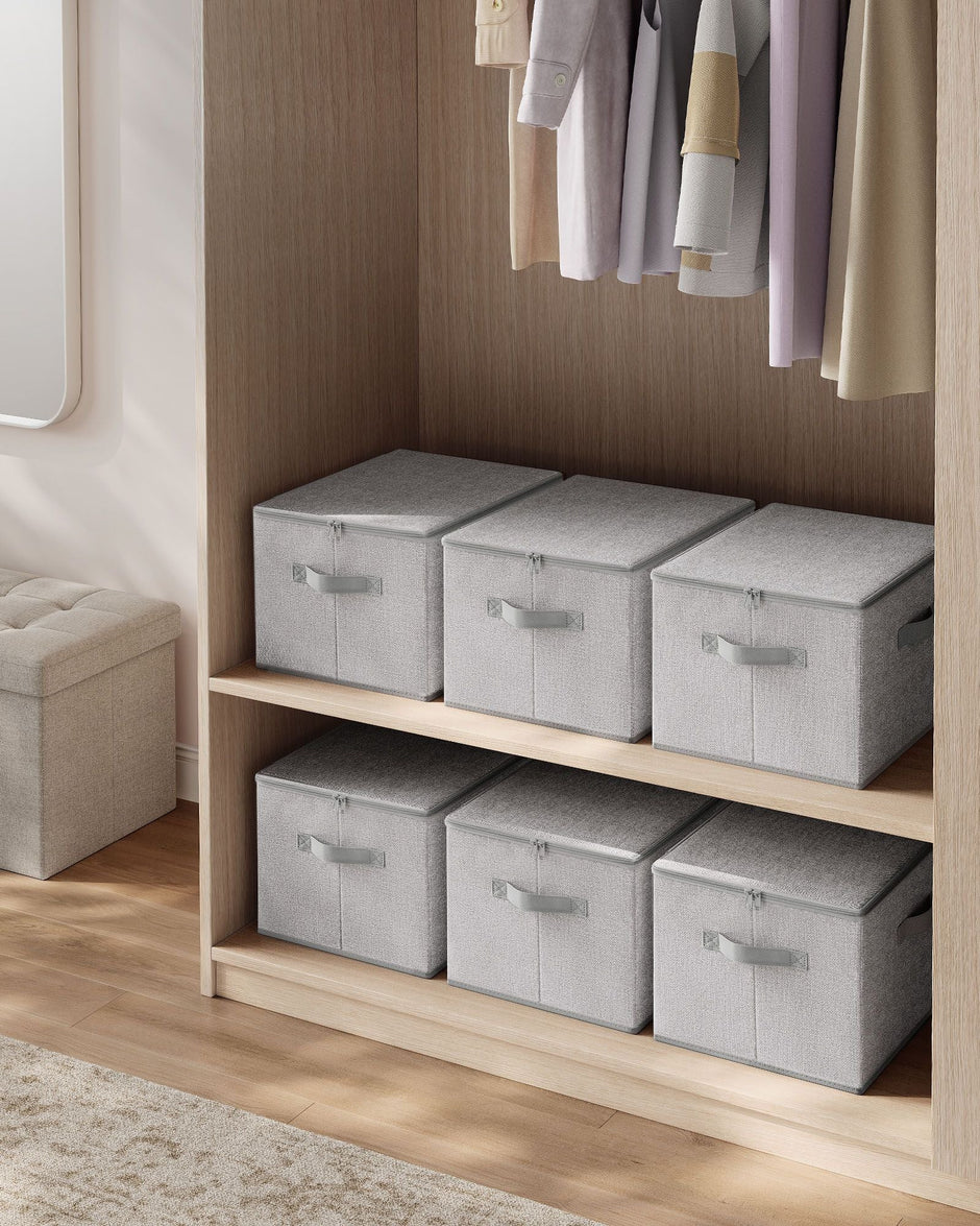 Set of 3 Foldable Storage Bins – Non-Woven Fabric – Slate Grey – With Lids and Handles