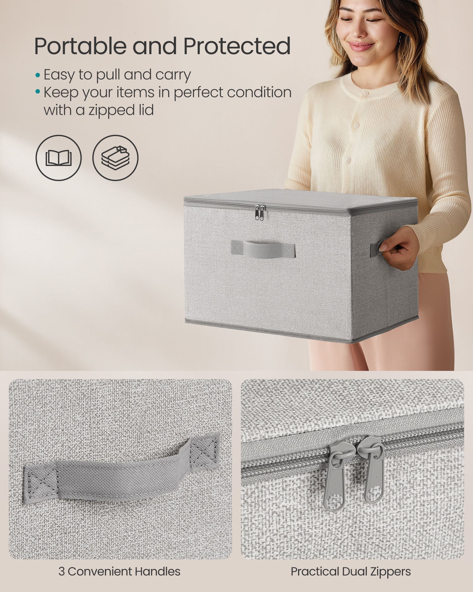 Set of 3 Foldable Storage Bins – Non-Woven Fabric – Slate Grey – With Lids and Handles