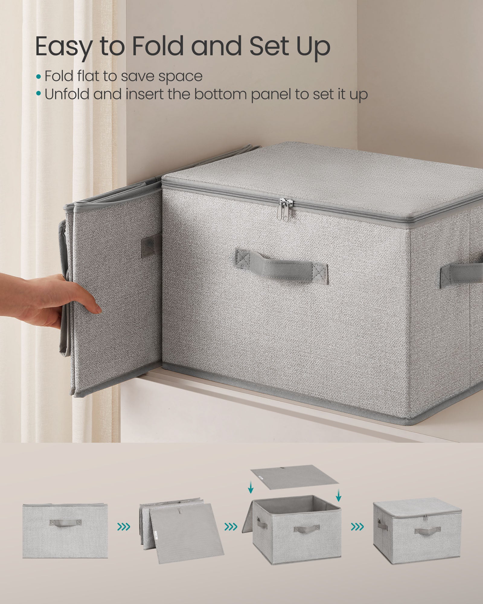 Set of 3 Foldable Storage Bins – Non-Woven Fabric – Slate Grey – With Lids and Handles