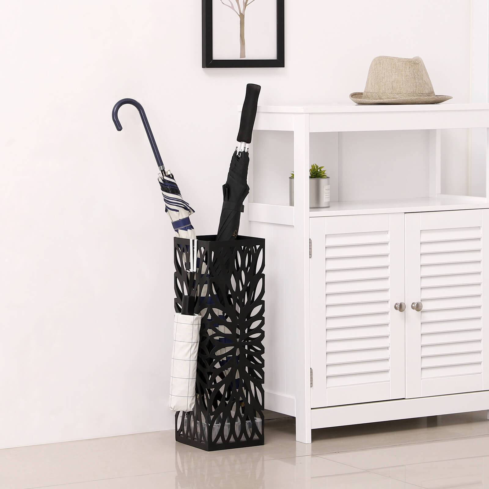 Umbrella Stand – Metal – Black – Free Standing with Drip Tray and Hooks