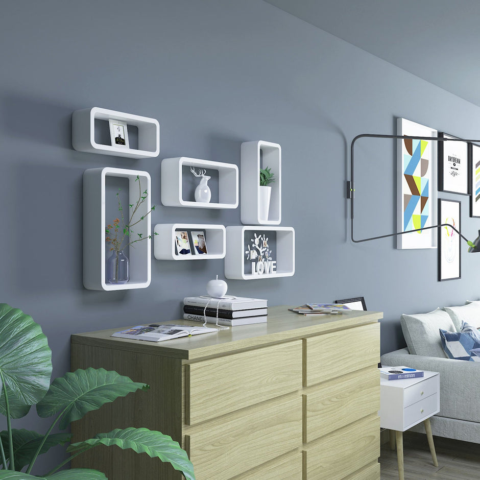 Rectangular Wall Shelves – Wood – White – Set of 3 Floating Shelves with 15 kg Weight Capacity