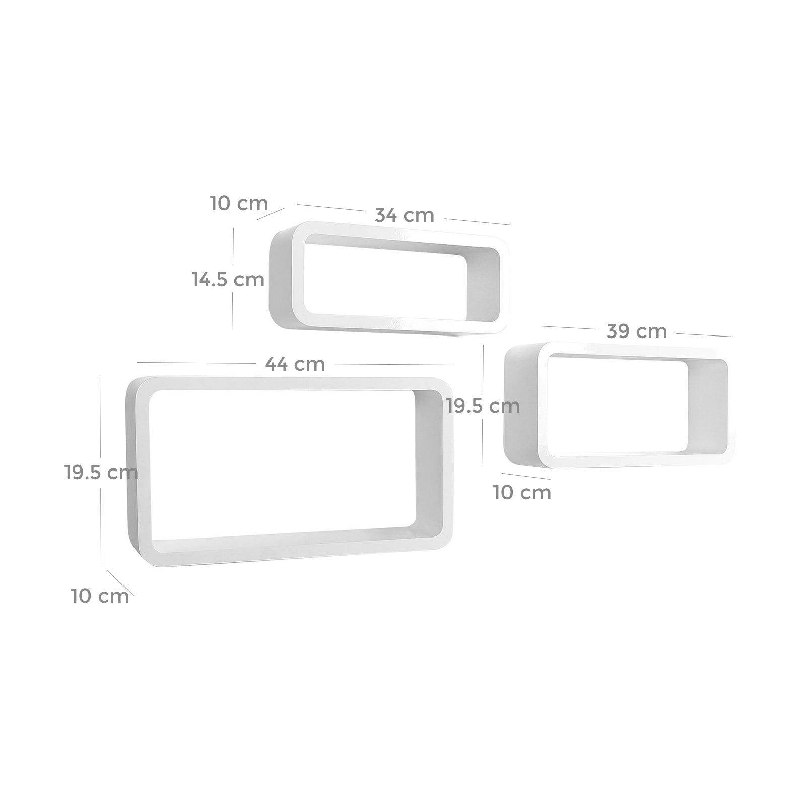 Rectangular Wall Shelves – Wood – White – Set of 3 Floating Shelves with 15 kg Weight Capacity