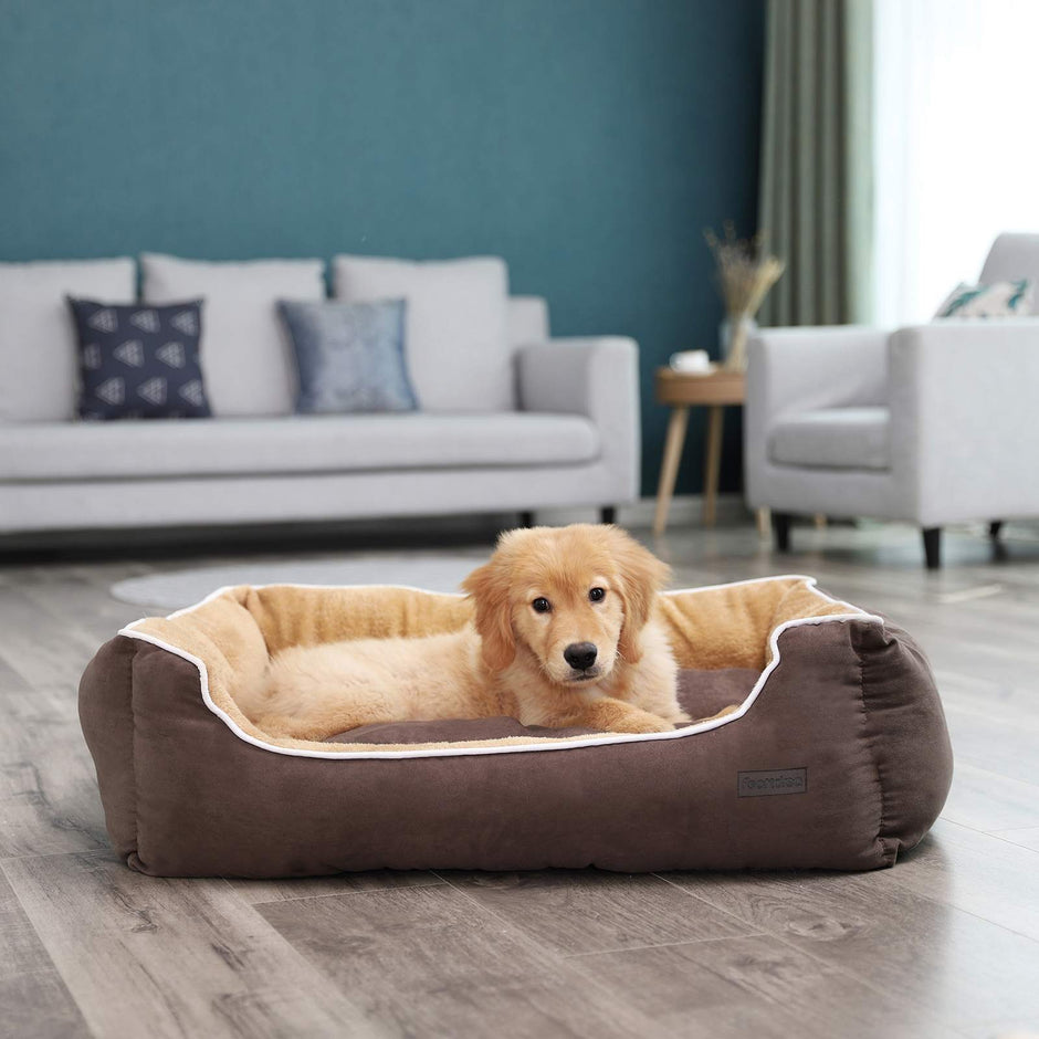 Dog Bed – Fabric – Brown and Yellow – Removable Cushion