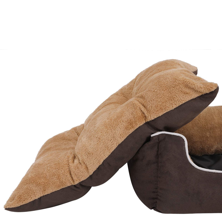 Dog Bed – Fabric – Brown and Yellow – Removable Cushion