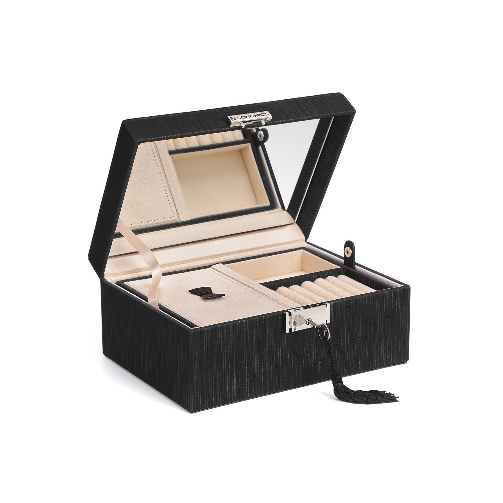 Jewelry Box – Wood – Black – Lockable with Removable Divider and Foldable Tray