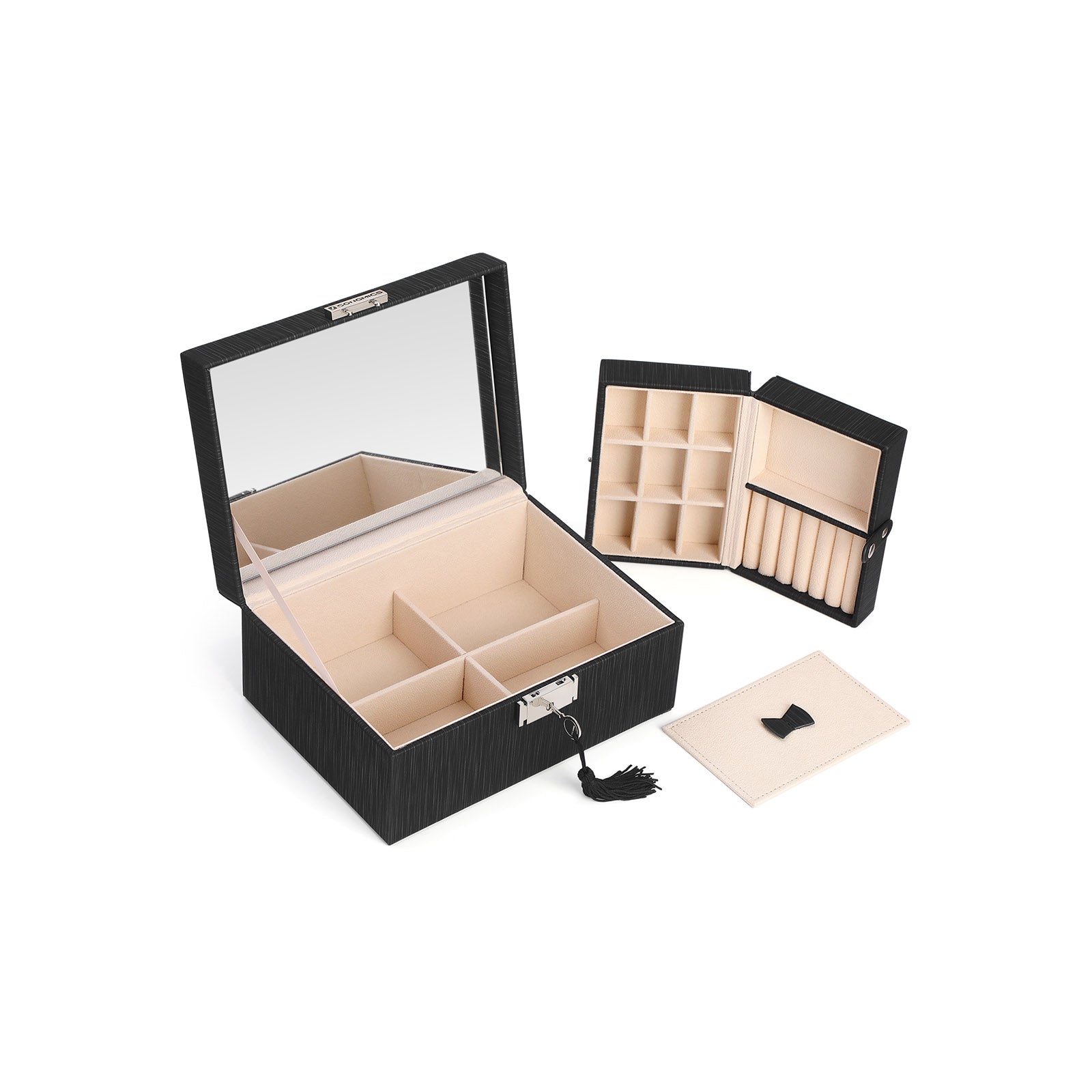 Jewelry Box – Wood – Black – Lockable with Removable Divider and Foldable Tray