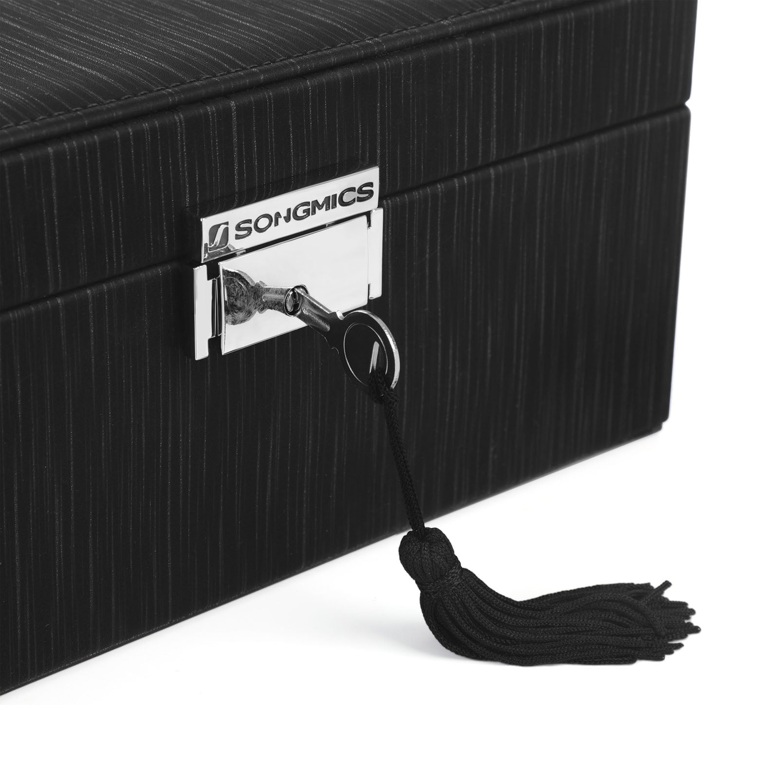Jewelry Box – Wood – Black – Lockable with Removable Divider and Foldable Tray