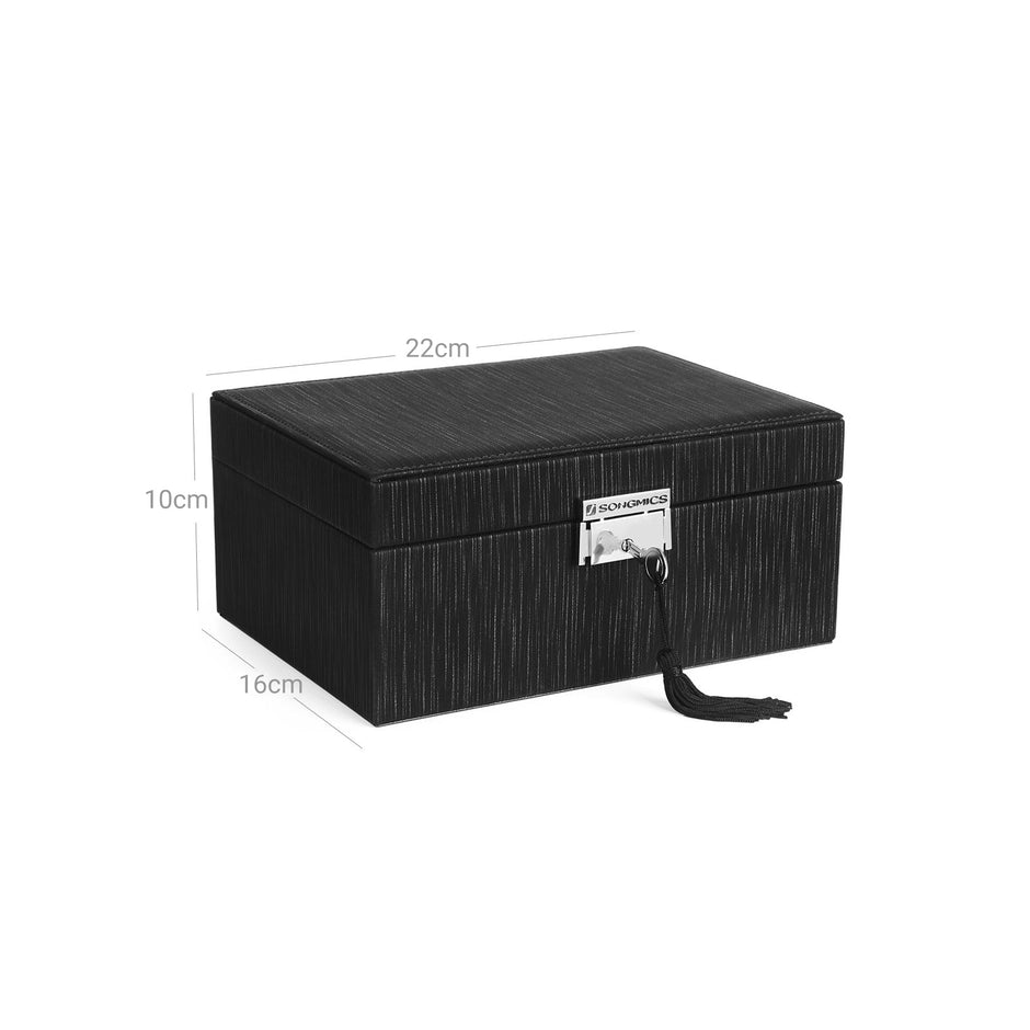 Jewelry Box – Wood – Black – Lockable with Removable Divider and Foldable Tray